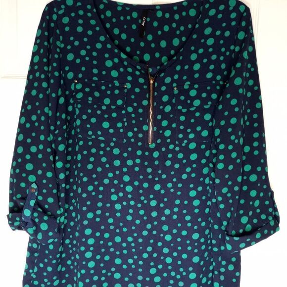 Cathy Womens Size L Blue Green Polka Dot Zippered Blouse Roll Tab Sleeve Pockets - Picture 1 of 5